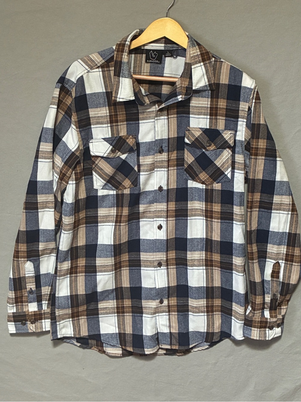 Burnside Mens Button-Up Flannel Shirt Size L Navy/Brown Long Sleeve Cotton Blend